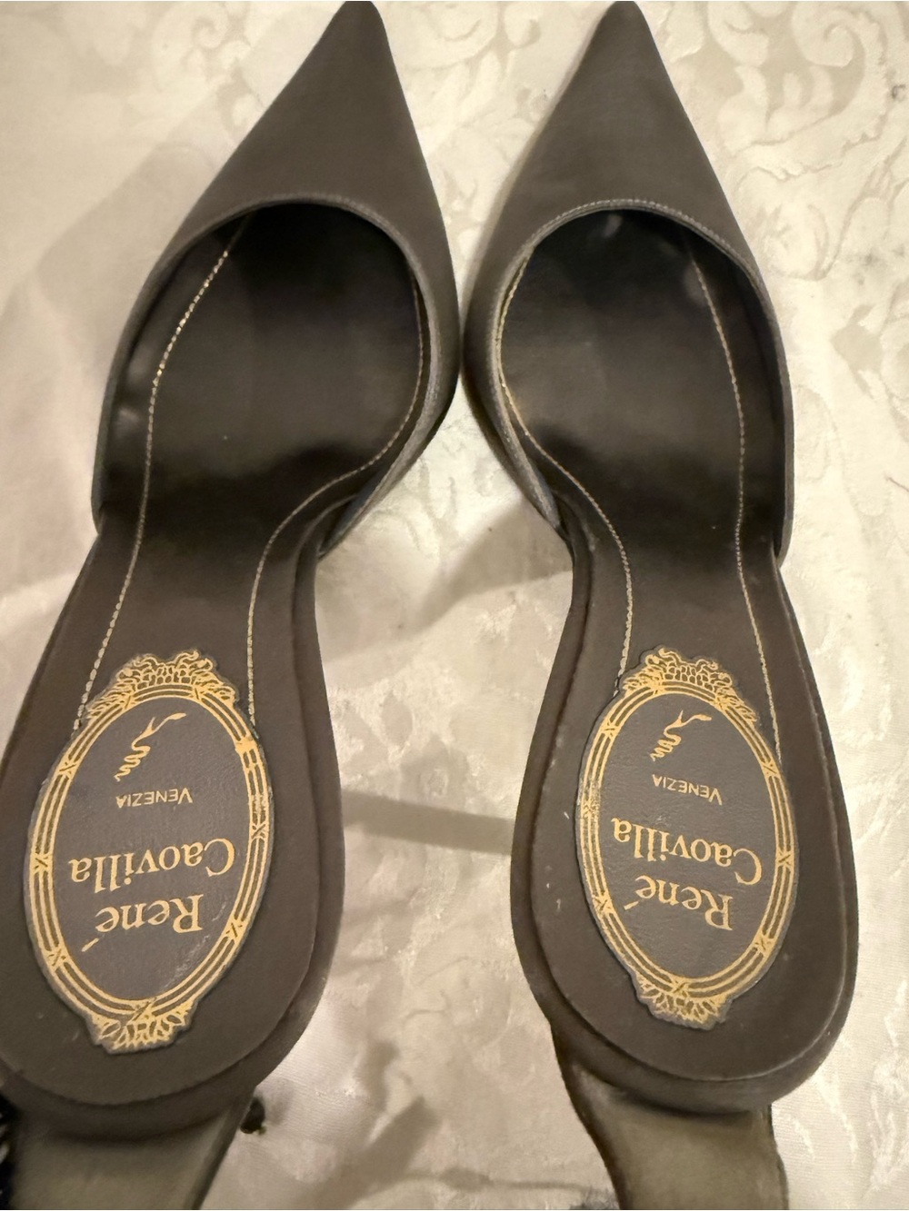 René Caovilla Satin Slingback Gray Taupe Beaded Floral Heels EU 38 Made in Italy - Picture 10 of 15